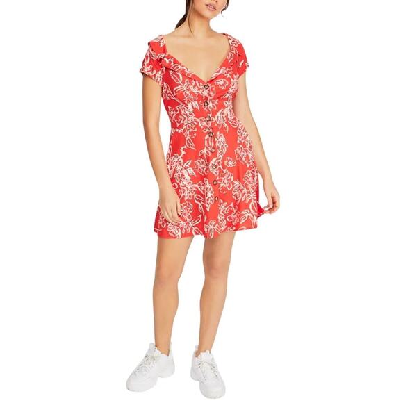 Free People a thing called love mini dress Linen Blend Florral Red Coral Size 4 - Picture 2 of 10